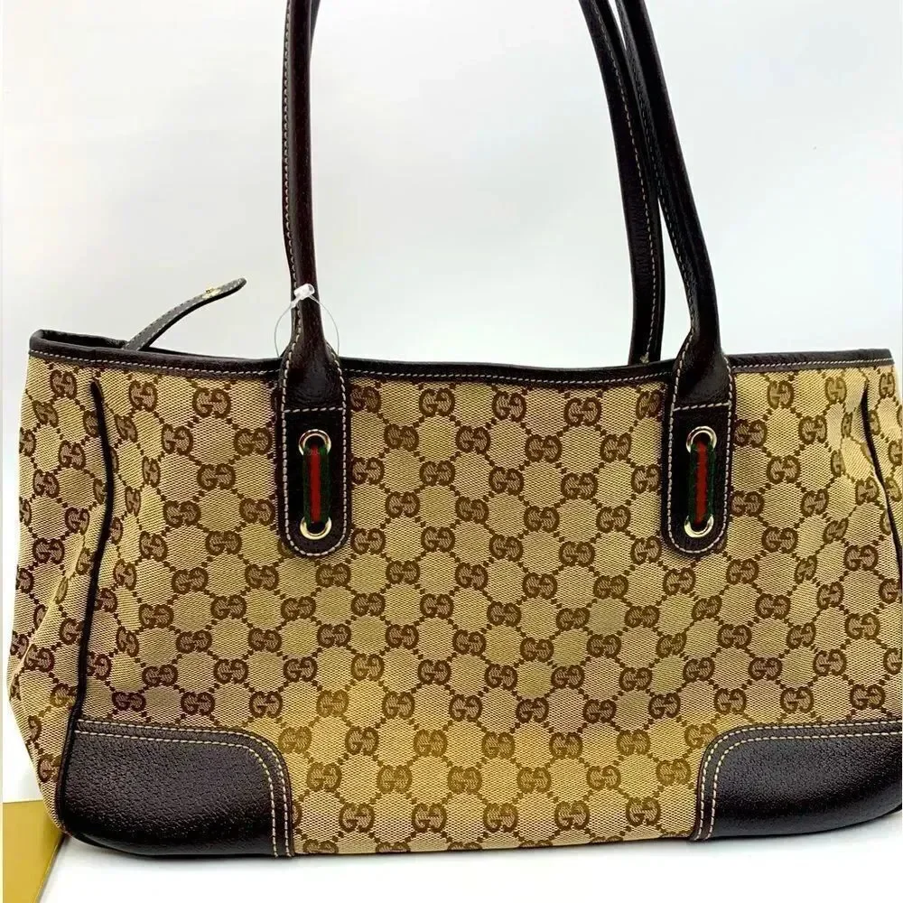Auth GUCCI GG Monogram Tan Brown Canvas Leather Princey Shoulder 2way Handbag